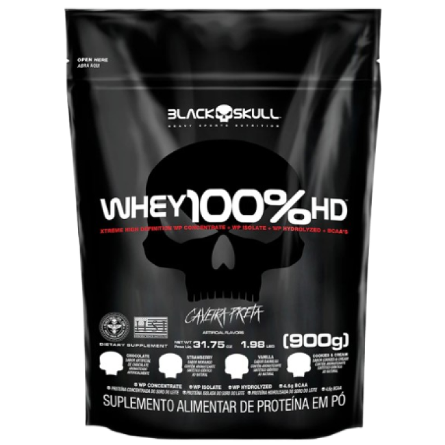 WHEY 100% HD REFIL BLACK SKULL - 900G (WPC, WPI E WPH)